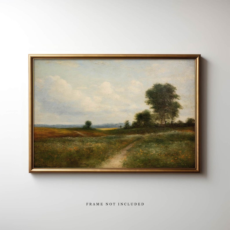 May include: A vintage oil painting depicting a rural landscape with a dirt path leading through a field of wildflowers. The sky is a light blue with fluffy white clouds. There are trees in the background and a distant horizon.