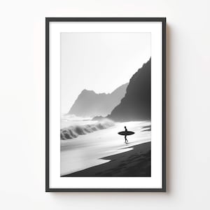 Black and White Surfer Print: Coastal Landscape Photography, Framed Beach Wall Art