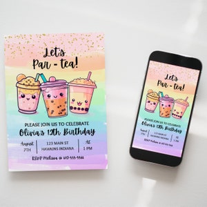 May include: A pink and blue invitation with a watercolor background and gold glitter. The invitation says "Let's Par-tea!" and features three cartoon bubble tea cups with smiling faces. The invitation is for Olivia's 12th birthday party. The party is on August 7th at 1 PM at 123 Main St, Hawkins Indiana. RSVP to Melissa at 602-555-5566.