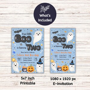 May include: Two printable invitations for a child's second birthday party with a Halloween theme. The invitations feature a ghost, a pumpkin, and the text "Our little Boo is turning Two".
