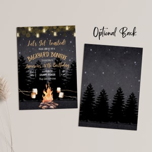 May include: A black and gold invitation for a backyard bonfire to celebrate a 30th birthday. The invitation features a campfire with marshmallows, string lights, and a silhouette of trees. The text reads "Let's get toasted! Please join us for a backyard bonfire to celebrate Jameson's 30th birthday. Oct 16th, 123 Main St, Hawkins Indiana, RSVP 260-555-5566, 8 pm."