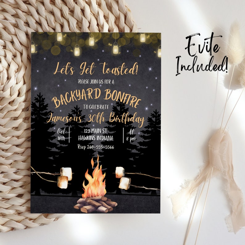 May include: A black and gold invitation for a backyard bonfire to celebrate a 30th birthday. The invitation features a campfire with marshmallows, a starry night sky, and string lights. The text reads "Let's get toasted! Please join us for a backyard bonfire to celebrate Jameson's 30th birthday. Oct 18th, 123 Main St, Hawkins Indiana, At 8 pm, Rsvp 260-555-5566".