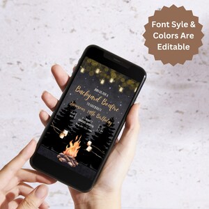 May include: A digital invitation for a backyard bonfire to celebrate a 19th birthday. The invitation features a campfire with marshmallows, string lights, and pine trees on a dark background. The text "Join us for a Backyard Bonfire to celebrate Jameson's 19th Birthday" is written in gold lettering.