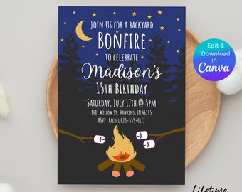 Bonfire Birthday Invitation, Bonfire Birthday Party Invite, Bonfire Invitation, Bonfire Party Invite, Bonfire Invitations, Instant Download