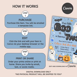 May include: A blue and white printable invitation for a child's second birthday party. The invitation features a ghost, a pumpkin, and the text "Our little Boo is turning Two".