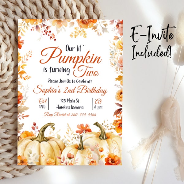 Our Little Pumpkin is Two Birthday Invitation Template, Two Little Pumpkin, This Little Pumpkin is Two, 2nd Birthday, Editable, Evite, B42