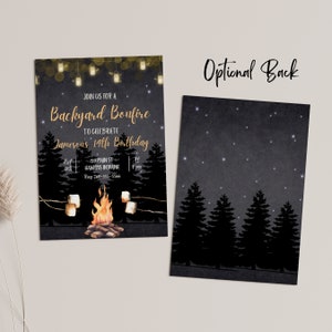 May include: A black and gold invitation for a backyard bonfire to celebrate a 14th birthday. The invitation features a campfire with marshmallows, string lights, and a starry night sky. The text reads "Join us for a Backyard Bonfire to celebrate Jameson's 14th Birthday".