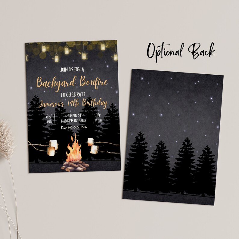 May include: A black and gold invitation for a backyard bonfire to celebrate a 14th birthday. The invitation features a campfire with marshmallows, string lights, and a starry night sky. The text reads "Join us for a Backyard Bonfire to celebrate Jameson's 14th Birthday".