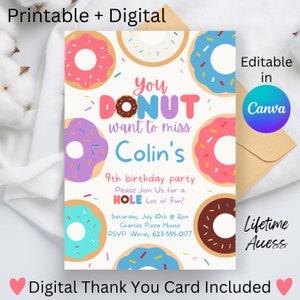 Donut Birthday Invitation, Editable Donut Birthday Invite, Doughnut Birthday Invitation, Donut Thank You Card, Donut Sweet Celebration