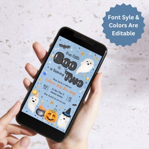 May include: A blue and black Halloween party invitation with a ghost and the text "Our little Boo is turning Two". The invitation includes the text "Colin's 2nd Boo-day" and details for the party.