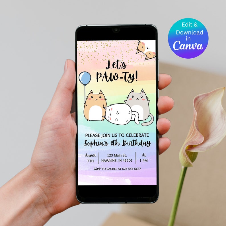 Może przedstawiać: Kolorowe cyfrowe zaproszenie z tęczowym tłem i wzorem łapy. Tekst brzmi "Let's Paw-Ty!" i "Sophia's 8th Birthday". Zaproszenie zawiera szczeg&oacute;ły dotyczące imprezy, w tym datę, godzinę, miejsce i informacje RSVP.