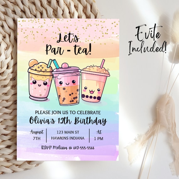 Boba Tea Birthday Invitation Template, Editable Par-Tea Invitation, Boba Tea Birthday Evite, Boba Birthday Invitation Boba Birthday Party B9