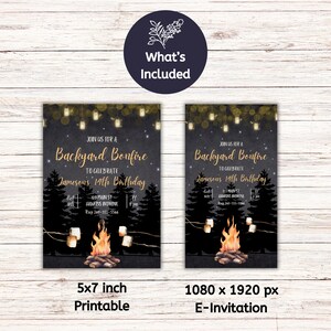 May include: Printable and digital invitation for a backyard bonfire party. The invitation features a campfire with marshmallows, a starry night sky, and the text "Join us for a Backyard Bonfire to celebrate Jameson's 14th Birthday".
