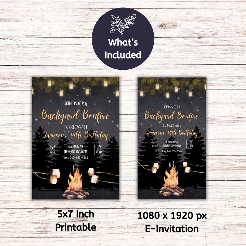 May include: Printable and digital invitation for a backyard bonfire party. The invitation features a campfire with marshmallows, a starry night sky, and the text "Join us for a Backyard Bonfire to celebrate Jameson's 14th Birthday".