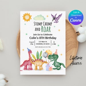 Stomp Chomp and Roar Evite, Editable Stomp Chomp Roar Birthday Invitation, Stomp Chomp Rawr, Rawr I'm Three Rex, Roar Im a Three Rex, B55