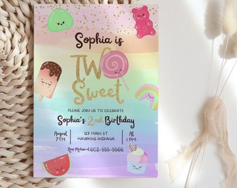 May include: A colorful invitation for a child's second birthday party. The invitation features a rainbow background with a variety of sweet treats, including a lollipop, ice cream, watermelon, and gummy bears. The text on the invitation reads "Sophia is Two Sweet" and includes details about the party, such as the date, time, and location.