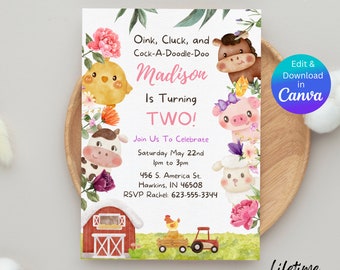 Farm 2nd Birthday Invitation, Farm Invitations For a Girl, Farm Girl Birthday Invite, Farm Theme Birthday Invitation, Farm Theme Invitation