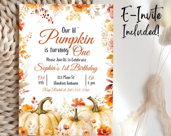 Our Little Pumpkin is One Birthday Invitation Template, Little Pumpkin Birthday Invitation, One Little Pumpkin 1st Birthday, Evite, B41