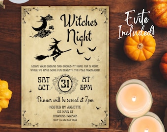 Vintage Witches Night Invite Template, Witches Night Invitation, Halloween Girls Night Invite, Halloween Invitation, Halloween Party, S7