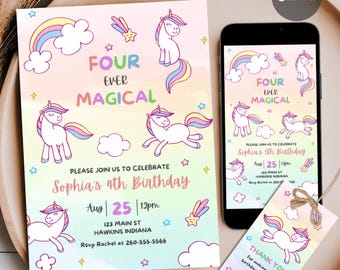 Redigerbar enhörnings 4-årsdagsinbjudan, enhörningsinbjudan för 4-årsdag, flickors 4-årsdagsinbjudan, regnbågsenhörningsfödelsedagsinbjudan