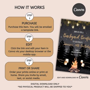 May include: A digital download for a printable invitation to a backyard bonfire party. The invitation features a campfire with marshmallows, a starry night sky, and the text "Join us for a Backyard Bonfire to celebrate Jameson's 14th Birthday".