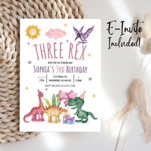Girls 3 Rex Birthday Invitation, 3 Rex Birthday Girl, 3 Rex Birthday Invitation Girl, Three Rex Girl Invitation, Three Rex Girl, Evite, B50