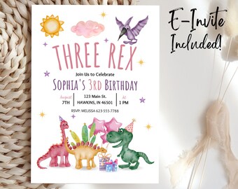 Girls 3 Rex Birthday Invitation, 3 Rex Birthday Girl, 3 Rex Birthday Invitation Girl, Three Rex Girl Invitation, Three Rex Girl, Evite, B50