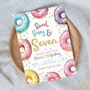 Sweet Sassy and Seven Birthday Invitation Template, 7th Birthday Invitation Girl, 7th birthday invitation , Donuts Invitations, Evite, B16