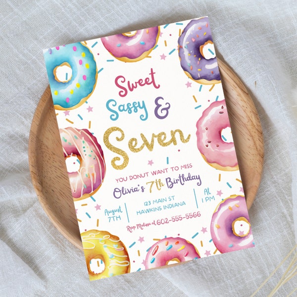 Sweet Sassy en zeven verjaardagsuitnodiging sjabloon, 7e verjaardag uitnodiging meisje, 7e verjaardagsuitnodiging, donuts uitnodigingen, Evite, B16