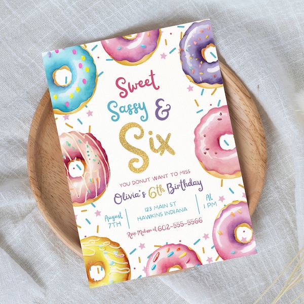 Sweet Sassy en zes verjaardagsuitnodiging sjabloon, 6e verjaardagsuitnodiging, 6e verjaardagsuitnodigingen meisje, donuts uitnodigingen, bewerkbare, B15