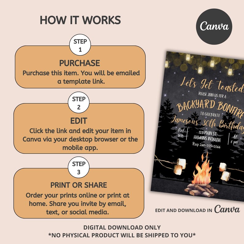 May include: A digital download for a printable invitation to a backyard bonfire party. The invitation features a black chalkboard background with a campfire, marshmallows, and string lights. The text on the invitation reads "Let's get toasted" and "Backyard Bonfire to celebrate Jameson's 30th Birthday".