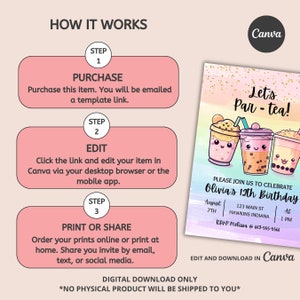 May include: A pink and blue digital invitation with a watercolor background and gold glitter accents. The invitation features a cartoon illustration of three boba tea cups with smiling faces. The text "Let's Par-tea!" is written in a playful font. The invitation is for Olivia's 12th birthday and includes the date, time, and location of the party. The text "RSVP Melissa @ 602-555-5566" is included at the bottom of the invitation.
