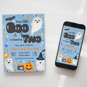 May include: A blue and white invitation with a ghost and pumpkin design. The text reads "Our little Boo is turning Two. Please join us to celebrate Colin's 2nd Boo-day. Oct 17th, 123 West Main St, Hawkins Indiana, At 8 pm, Rsvp Rachel at 260-555-5566."