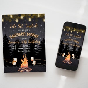 May include: A black and gold invitation for a backyard bonfire to celebrate a 30th birthday. The invitation features a campfire with marshmallows, a starry night sky, and a string of lights. The text reads "Let's get toasted! Please join us for a backyard bonfire to celebrate Jameson's 30th birthday. Oct 18th, 123 Main St, Hawkins Indiana, At 8 pm, Rsvp 260-555-5566".