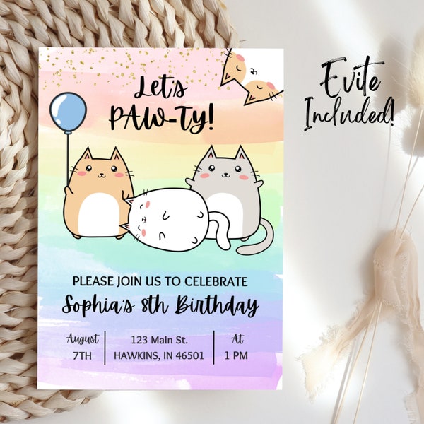 Cat Birthday Invitation, Cat Theme Birthday Invitation, Are You Kitten Me Birthday, Paw-ty Birthday Invite, Rainbow, Invitation Template B29