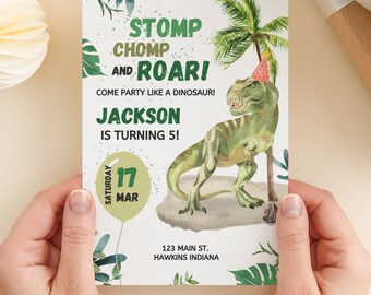 Stomp Chomp Roar Evite, Editable T-Rex Birthday Invitation, Dino Party Invite, Dinosaur Party, Jurassic Invitation, Dinosaur Invite, B6