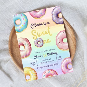 Sweet One Birthday Invitation, Donut Sweet One Invite, Donut 1st Birthday, 1st Birthday Girls, Evite 1st Birthday, Editable, Download, B12
