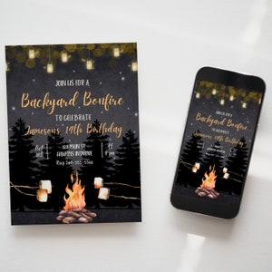 May include: A black and gold invitation for a backyard bonfire to celebrate a 14th birthday. The invitation features a campfire with marshmallows roasting over the flames, a starry night sky, and string lights. The text reads "Join us for a Backyard Bonfire to celebrate Jameson's 14th Birthday".