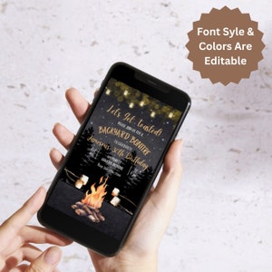 May include: A digital invitation for a 30th birthday party with a campfire theme. The invitation features a black background with a campfire, marshmallows, and string lights. The text reads "Let's get toasted! Please join us for a backyard bonfire to celebrate Jameson's 30th Birthday."
