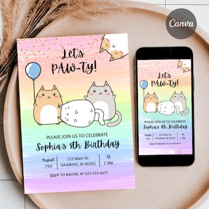 Convite de aniversário de gato, convite de aniversário com tema de gato, convite de aniversário "Você é gatinho?", convite de aniversário "Paw-ty", convites engraçados de aniversário de gato