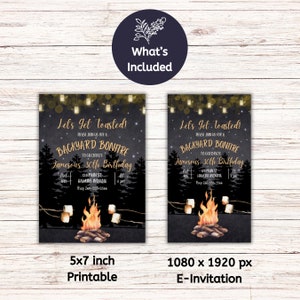 May include: Two printable invitations for a 30th birthday party. The invitations feature a campfire with marshmallows, a starry night sky, and the text "Let's get toasted! Please join us for a backyard bonfire to celebrate Jameson's 30th birthday". One invitation is 5x7 inches and the other is 1080 x 1920 pixels.