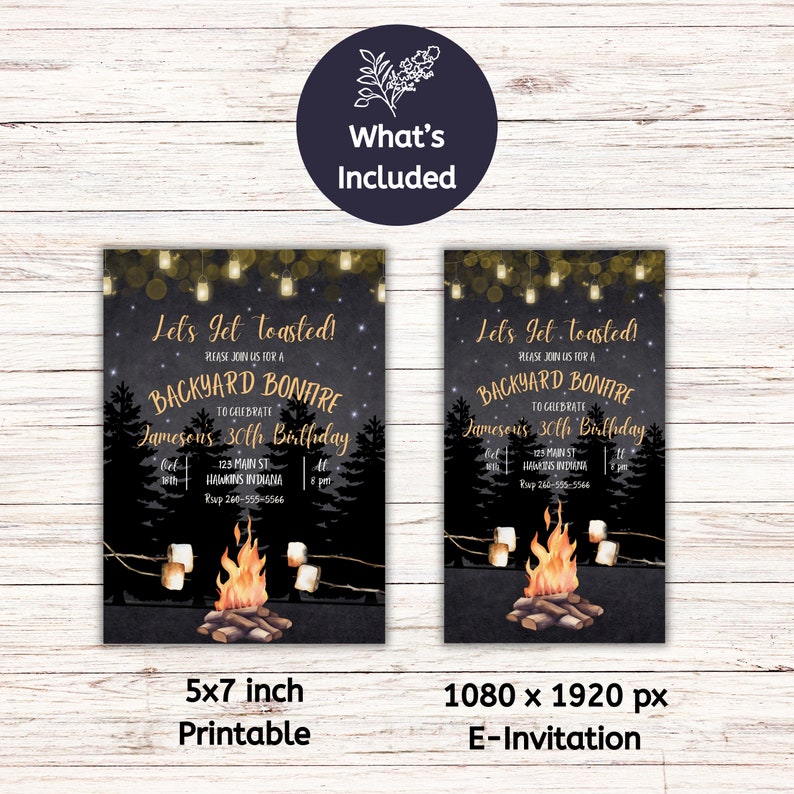 May include: Two printable invitations for a 30th birthday party. The invitations feature a campfire with marshmallows, a starry night sky, and the text "Let's get toasted! Please join us for a backyard bonfire to celebrate Jameson's 30th birthday". One invitation is 5x7 inches and the other is 1080 x 1920 pixels.