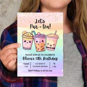 May include: A colorful invitation with a watercolor background and gold glitter. It says "Let's Par-tea!" and features three cartoon bubble tea cups with happy faces. The text says "Please join us to celebrate Olivia's 12th Birthday" with the date, time, and location.