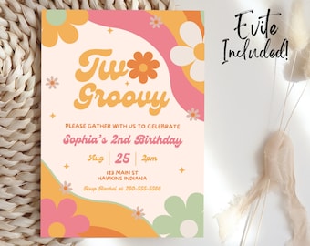 TWO Groovy Birthday Invitation Template, Two Groovy Birthday Party, Two Groovy Birthday Invite, Boho Hippie, Evite, 2nd Birthday Girl, B36
