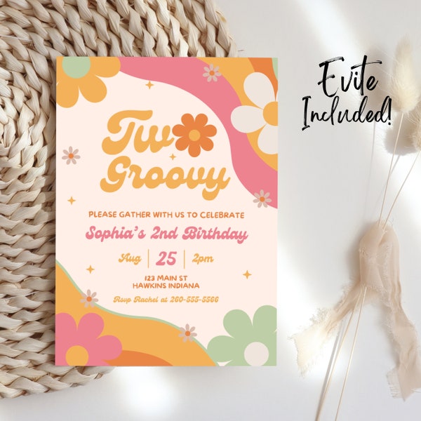 TWO Groovy Birthday Invitation Template, Two Groovy Birthday Party, Two Groovy Birthday Invite, Boho Hippie, Evite, 2nd Birthday Girl, B36