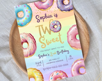 Two Sweet Birthday Invitation Template, Donut 2nd Birthday Invitation, evite two sweet, 2nd birthday girl, 2 sweet bday invitation, B11
