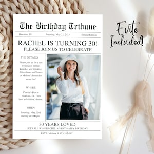 Newspaper Birthday Invitation Template, Newspaper Birthday Evite, Editable Invite with Thank You, Milestone Birthday, B22