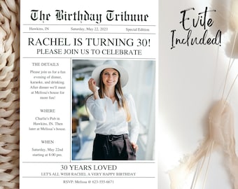 Newspaper Birthday Invitation Template, Newspaper Birthday Evite, Editable Invite with Thank You, Milestone Birthday, B22