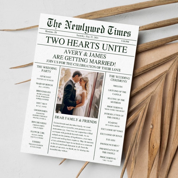 Newspaper Wedding Program Template, Editable Wedding Newspaper Program, Printable Wedding Infographic, Folded Wedding Day Program, W001