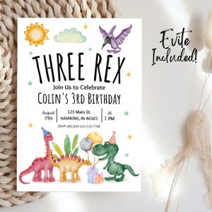 Three Rex Invitation, 3Rex Birthday Invitation, Three Rex Birthday Invitation, 3 Rex Birthday Invitation, T-Rex Birthday Invite Template B30